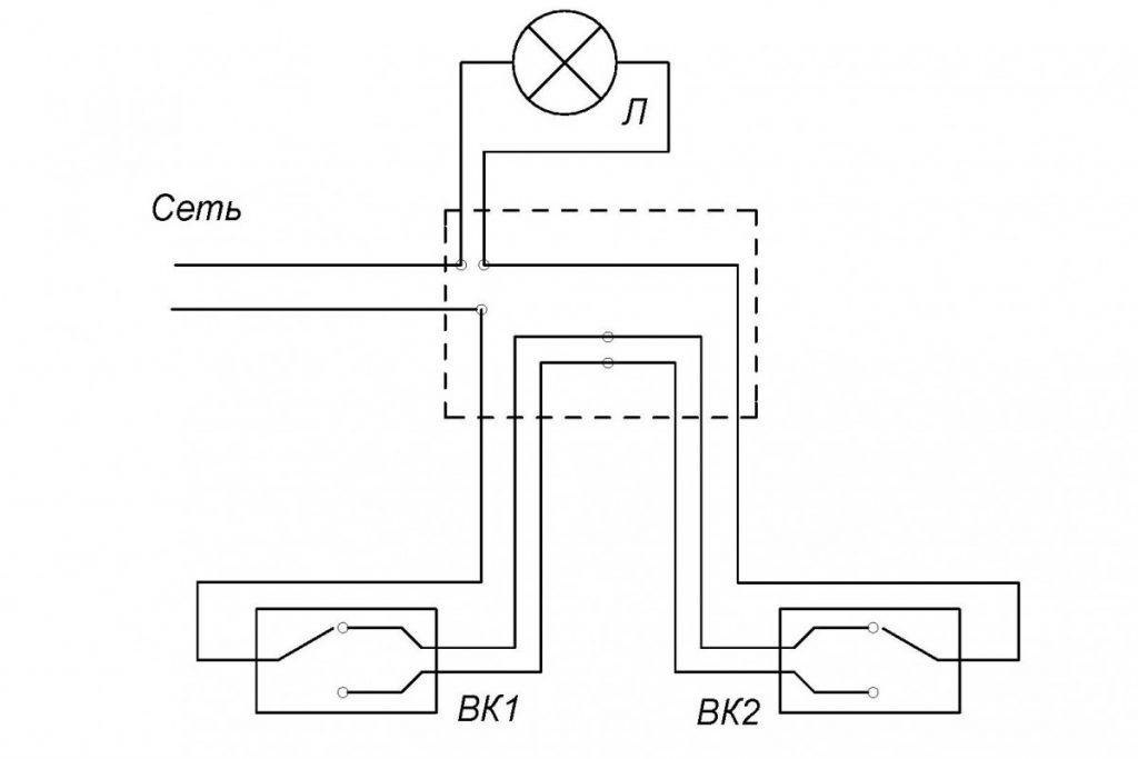 Схема подключения двух переключателей на две лампочки