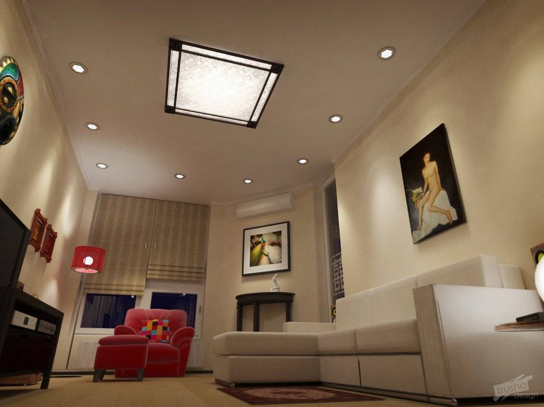 варианты освещения натяжного потолка в комнате