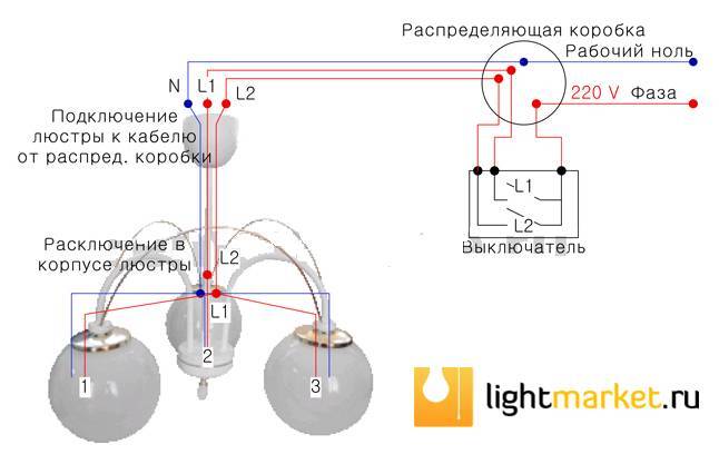 Как подключить люстру к двухклавишному выключателю: на 3, 5 и 6 лампочек