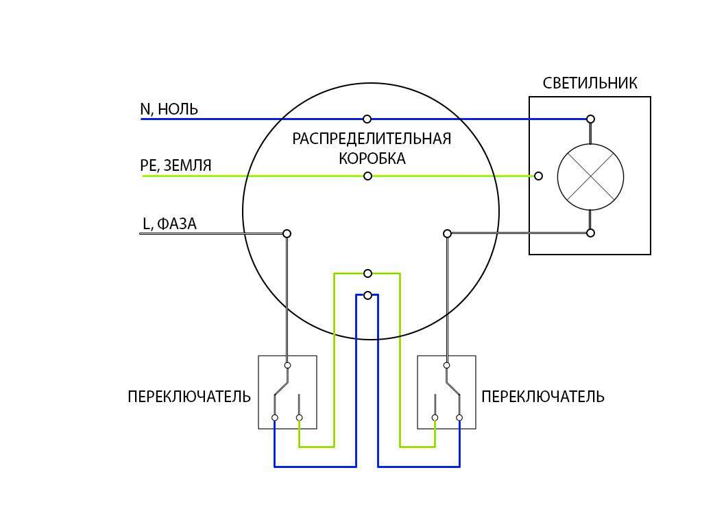 Подключение проходного выключателя, схема подключения из двух и более мест