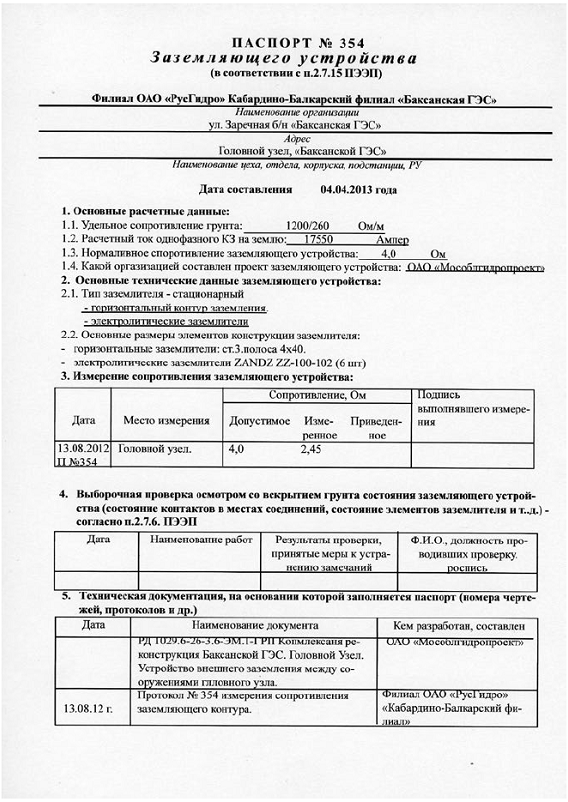 Паспорт на электрооборудование образец