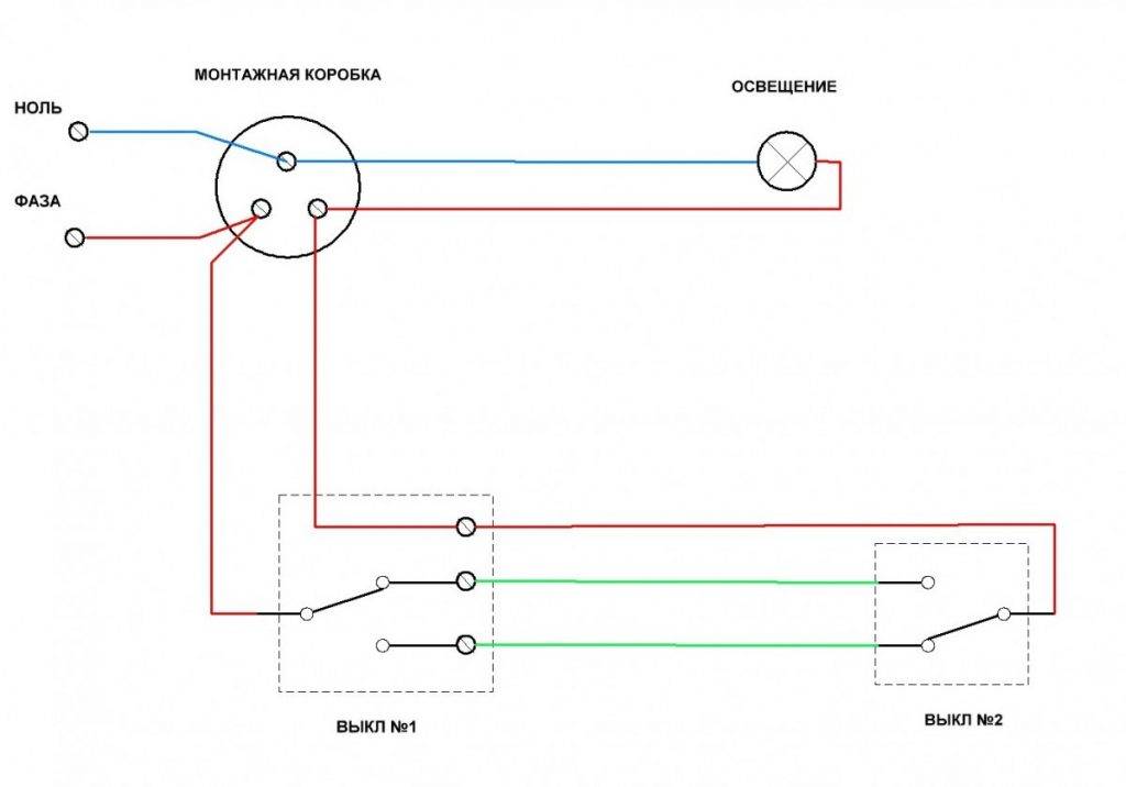 Схема подключения проходного выключателя (с двух мест)