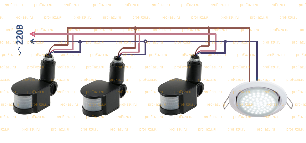 Подключение двух датчиков движения на одну лампочку схема