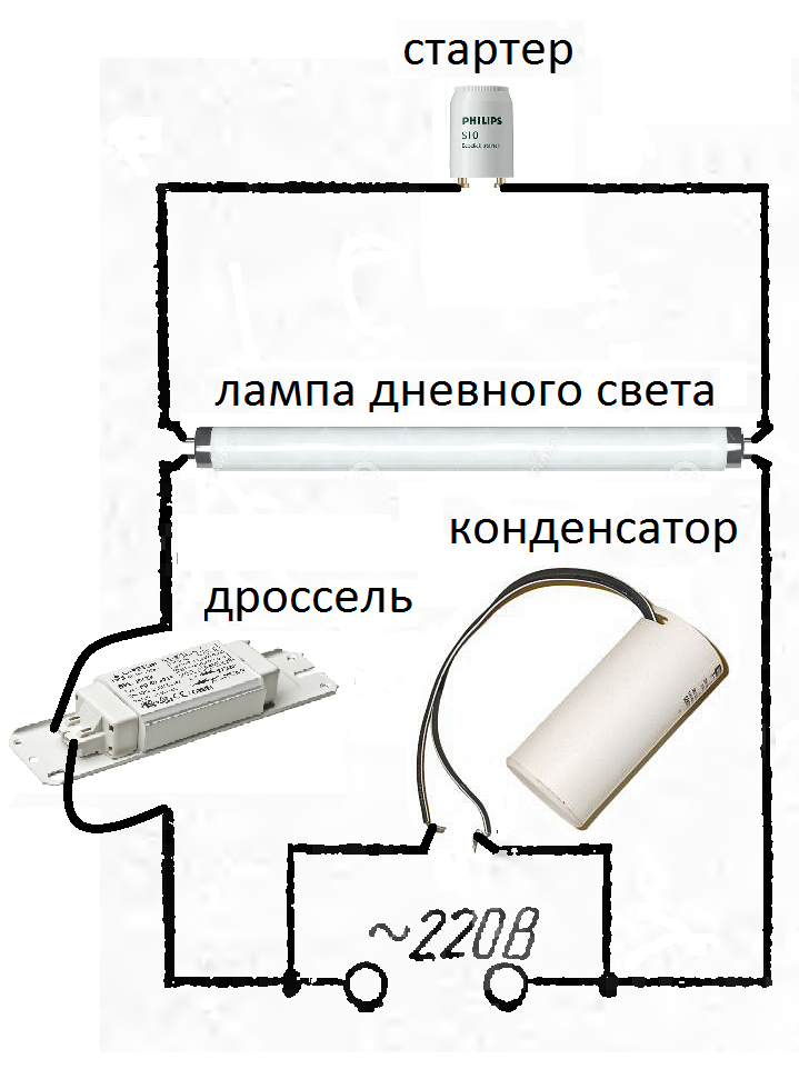 Схема подключения люминесцентной лампы через дроссель