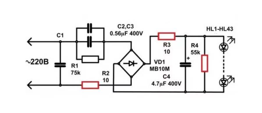 Гасящий конденсатор для светодиодов схема на 220в