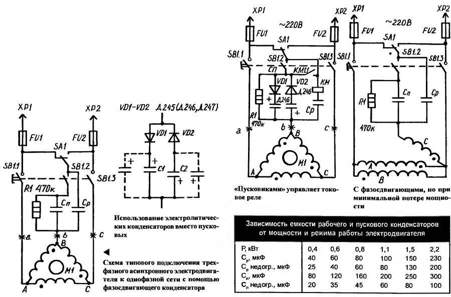 Подключение эл двигателя 380 на 220 через конденсаторы схема подключения