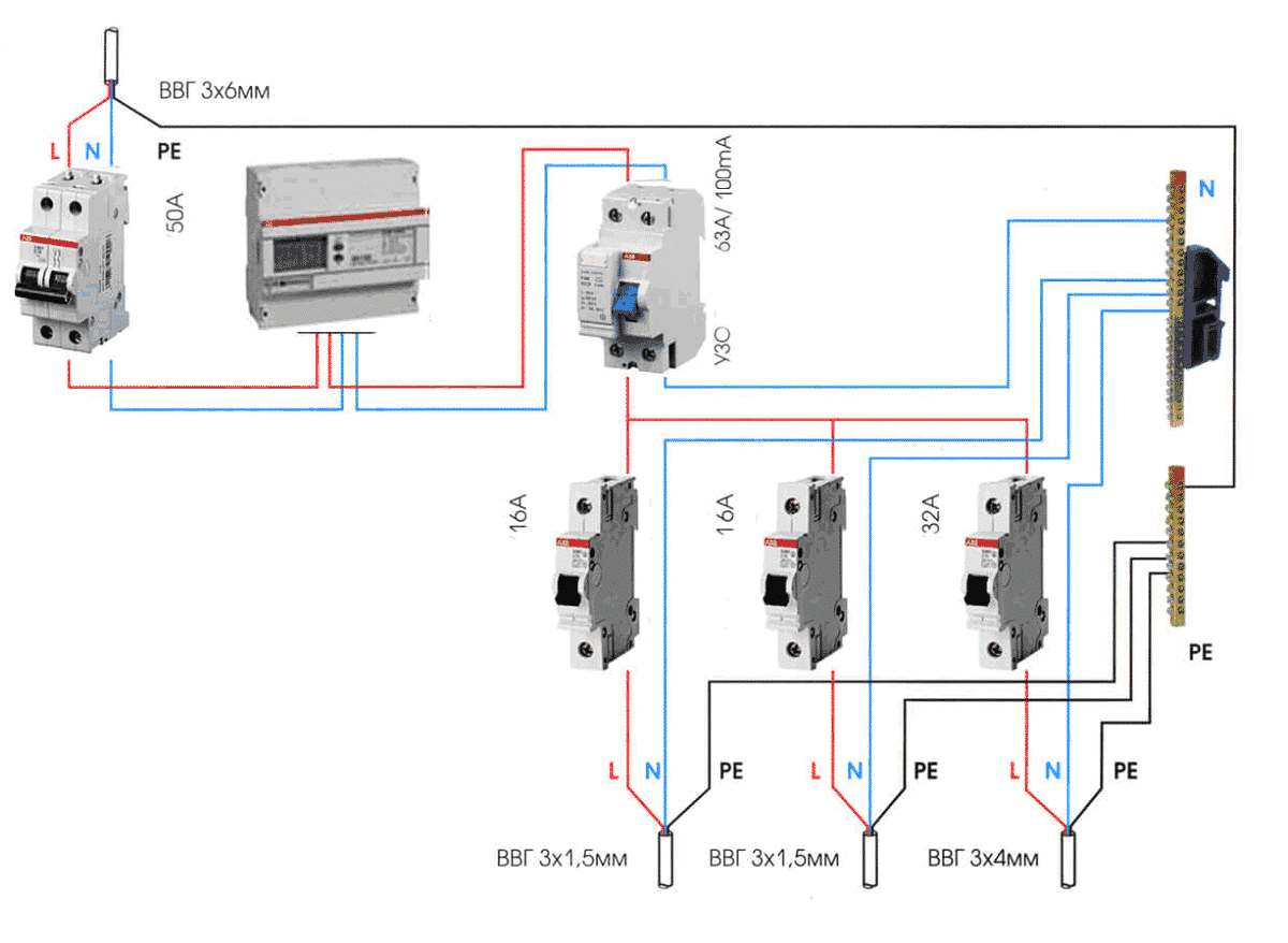 Схема подключения УЗО В однофазной сети с заземлением
