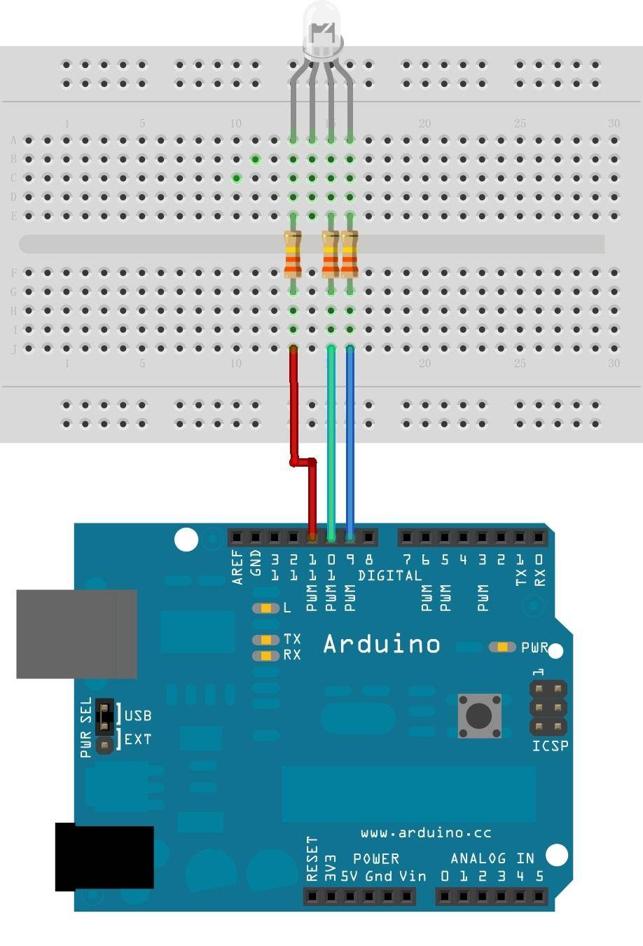 Подключение нескольких трехцветных светодиодов к arduino uno: схема и программа