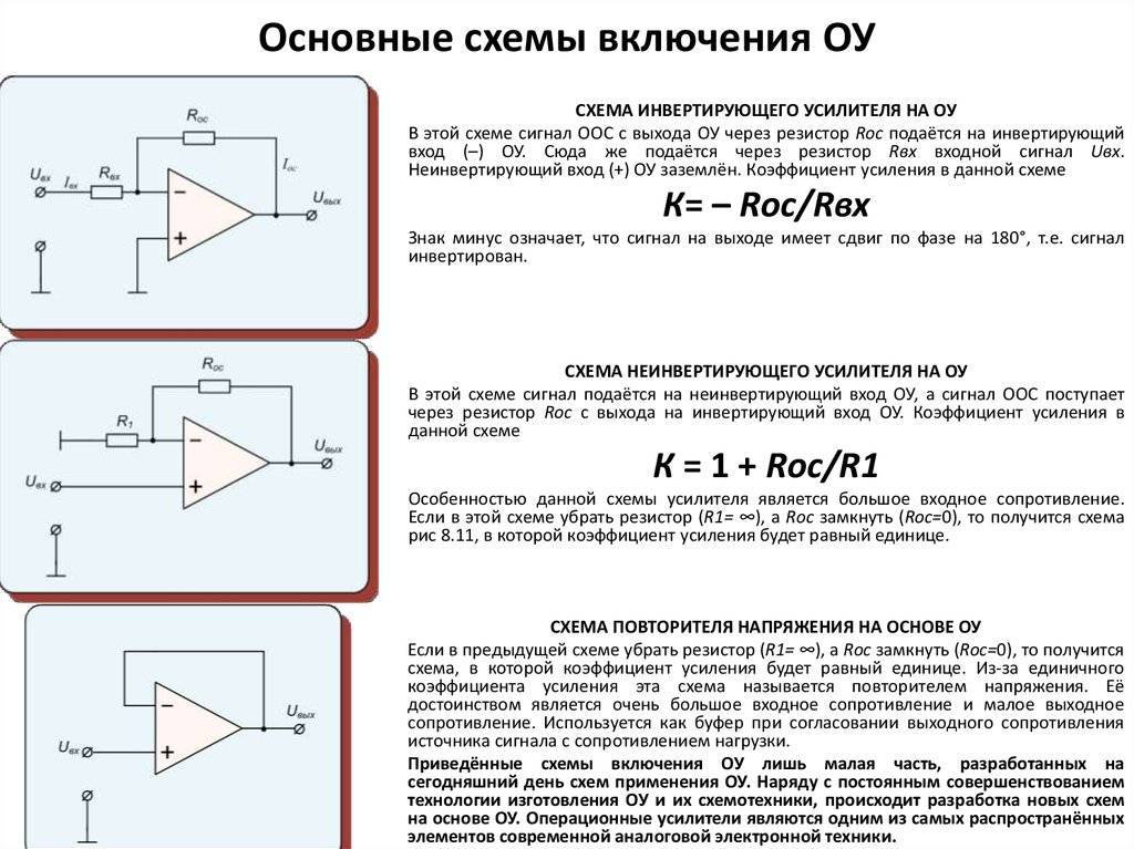 Примеры использования операционных усилителей и обратных связей в некоторых схемах