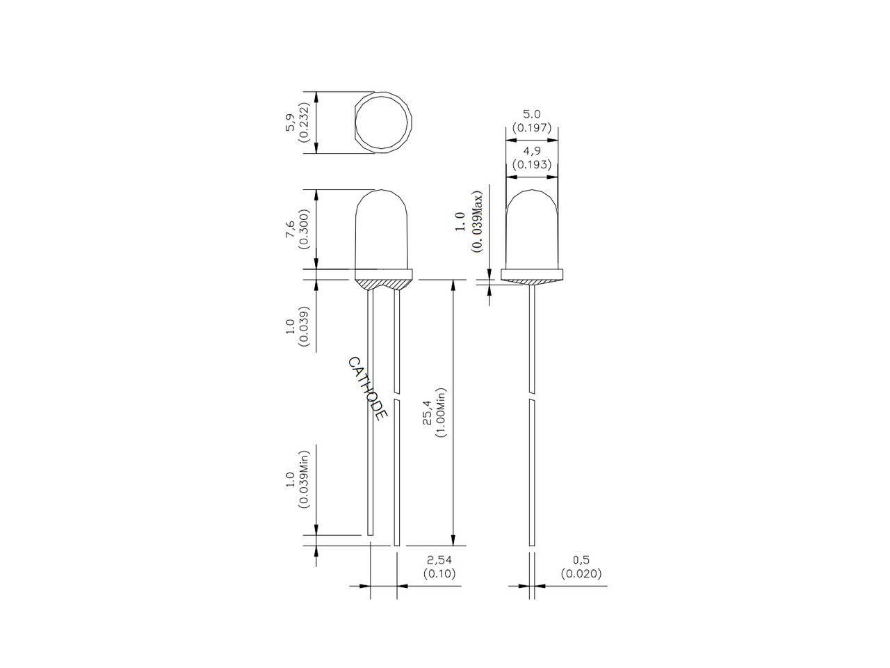 Габариты мм. GNL-3012hd. Светодиод GNL-3012gd + -. GNL-3012hd, светодиод красный 60° d=3мм 5-10мкд 700нм (Red). Цоколевка светодиодов 5мм.