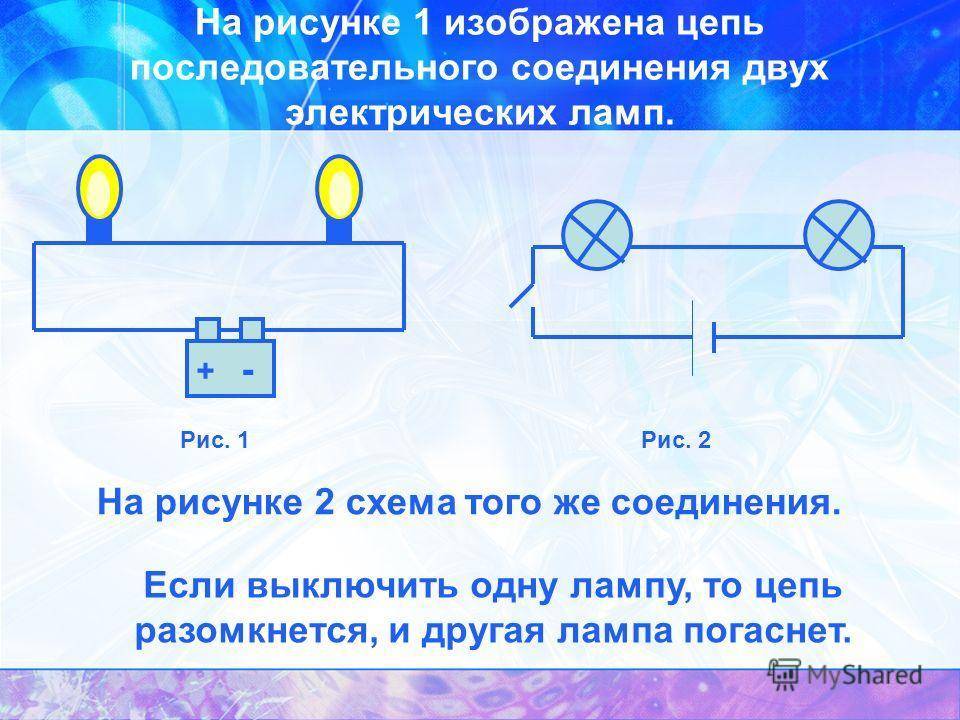 Какая из схем представляет последовательное соединение двух электрических ламп