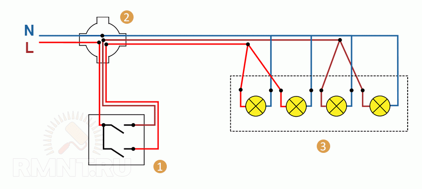 2 способа - как подключить люстру к выключателю. ошибки схемы. подключение через двухклавишный с 3 проводами или диммер.