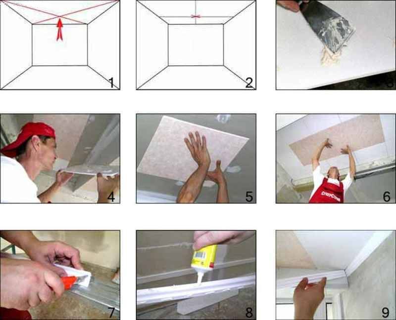 Как клеить потолочную плитку - пошаговая инструкция